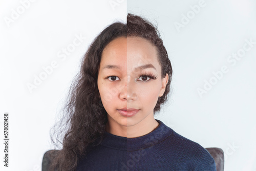 A young pensive woman in her late teens and southeast asian ethnicity barefaced without makeup. Fresh cute face isolated on a white backdrop.