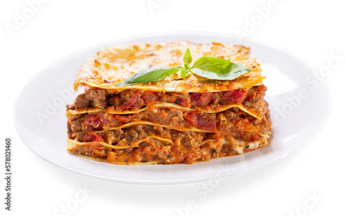plate of lasagna isolated on white background