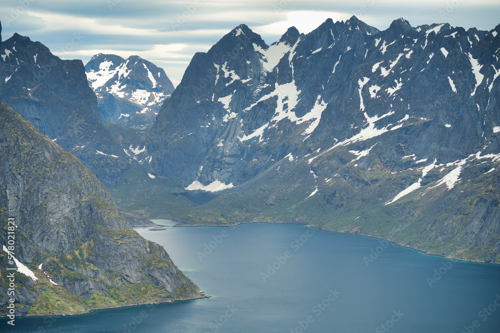 Mountain views from Reine, Lofoten, Norway, overlooking the lake during a clear spring day with clouds