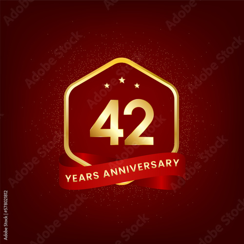 42 years anniversary. Anniversary template design with gold number and red ribbon, design for event, invitation card, greeting card, banner, poster, flyer, book cover and print. Vector Eps10