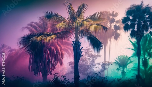 Palm trees in neon light. Tropical summer landscape of exotic trees in the fog. Generated AI horizontal art.