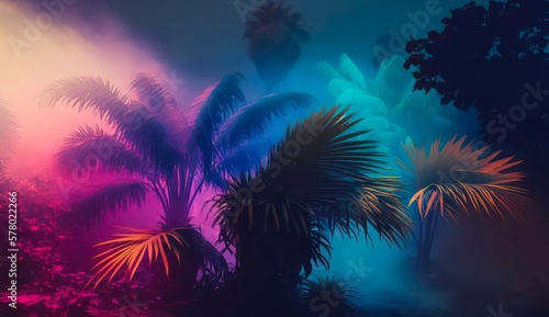 Palm trees in neon light. Tropical summer landscape of exotic trees in the fog. Generated AI horizontal art. © Hanna