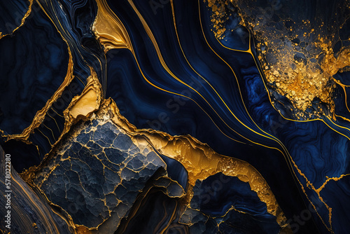 Abstract marble dark blue and gold background. Invitation backdrop. Ai generated