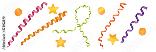 Clipart illustration of colorful ribbons and confetti. Celebration, holiday concept.