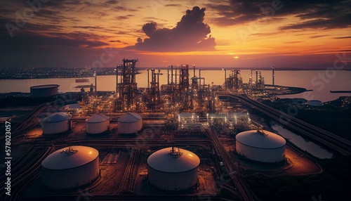 Fotografia Oil refinery with pricing graph and petrochemical facility industrial background