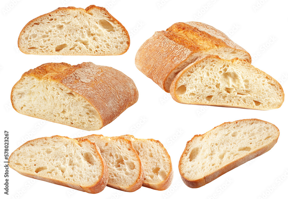 Ciabatta bread isolated on white background, full depth of field