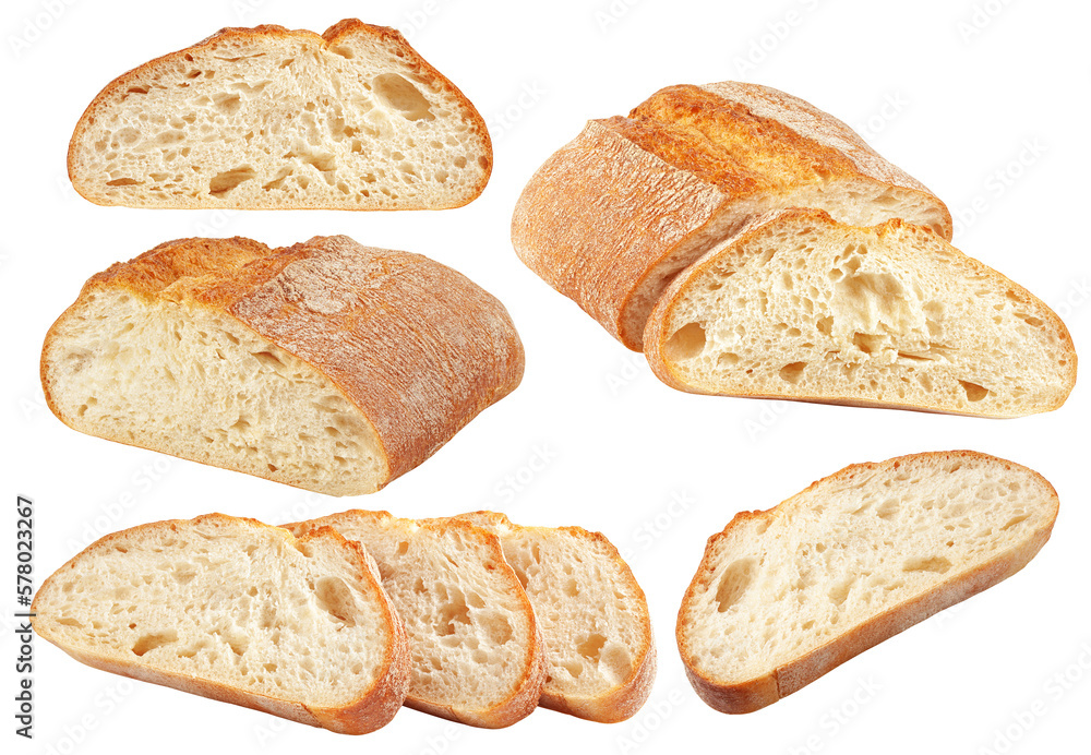 Ciabatta bread isolated on white background, full depth of field Ciabatta bread isolated on white background, full depth of field
