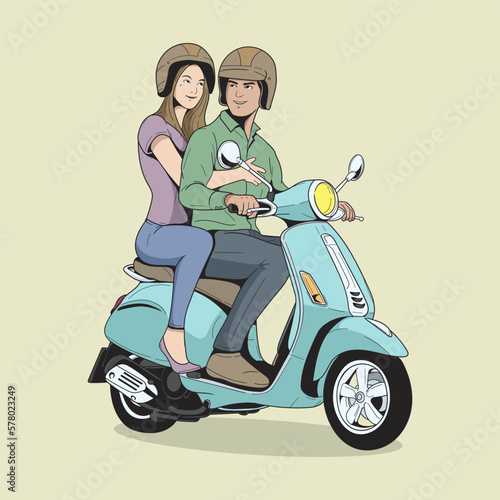Guy and the girl are riding the scooter