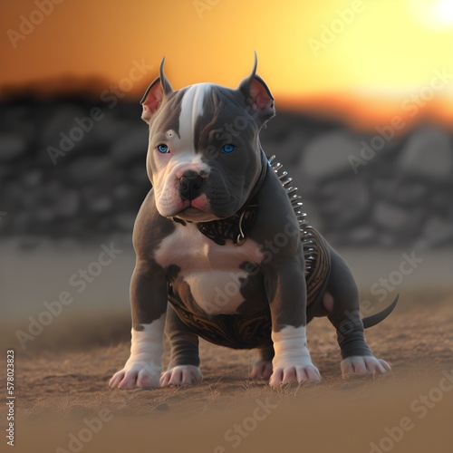 Tableau sur toile as an American bully puppy Viking sunset