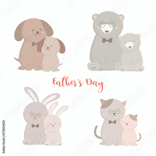 dog, bear, rabbit, cat dad is happy with his baby on father's day