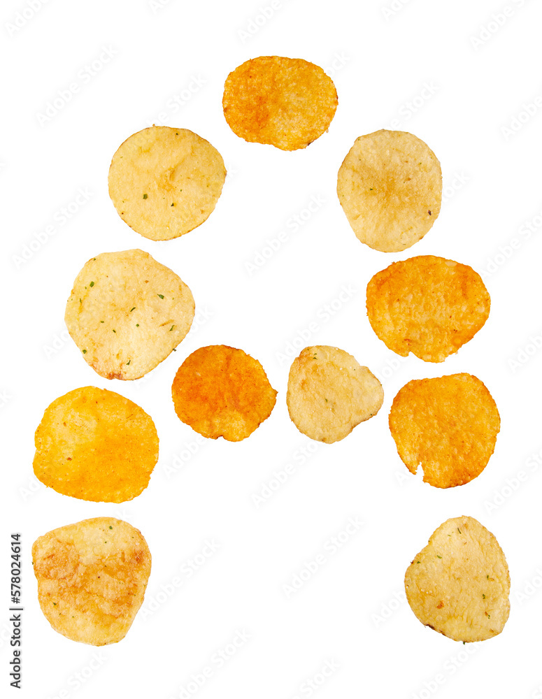 Letter A made of potato chips and isolated on png transparent
