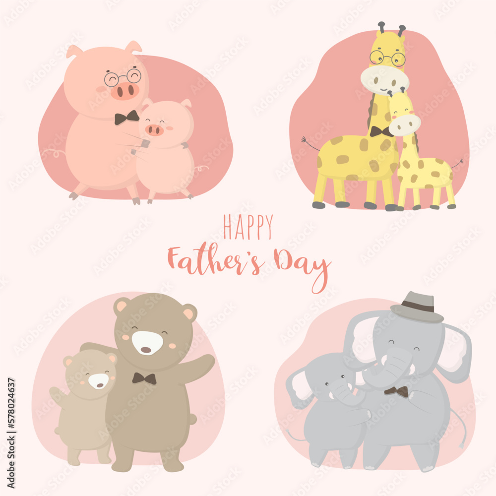 Father pig, bear, giraffe, elephant, happy with his baby on father's day.