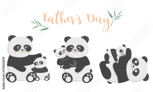 Panda dad is happy with his baby on father's day They hugged and played happily.