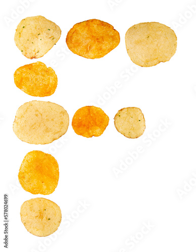 Letter F made of potato chips and isolated on png transparent background. Food alphabet concept. One letter of the set of potato chip font easy to stacking. © MadGladNat