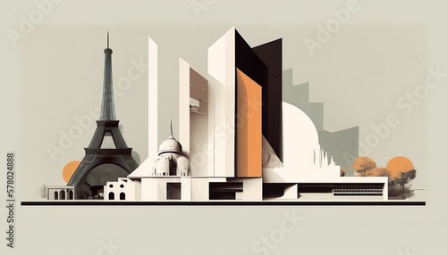 Paris eiffel tower modern art deco vector paper cut business illustration design wallpaper background created with generative AI technology