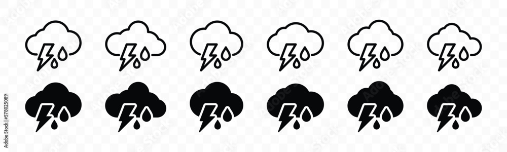 Rain weather with thunder icon set. Thunderstorm weather icons ...