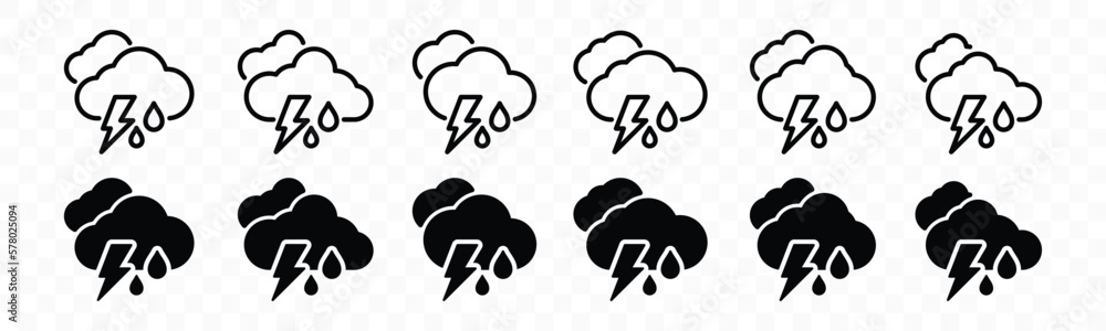 Rain weather with thunder icon set. Thunderstorm weather icons ...