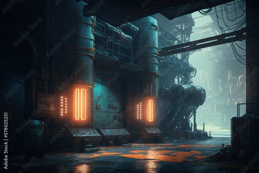 Image showcasing Futuristic industrial interior with glowing lights and smoke ...
