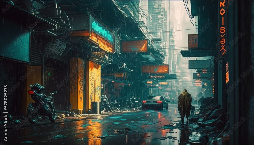 A man in a yellow raincoat is walking along a street in a rainy day. Generative AI