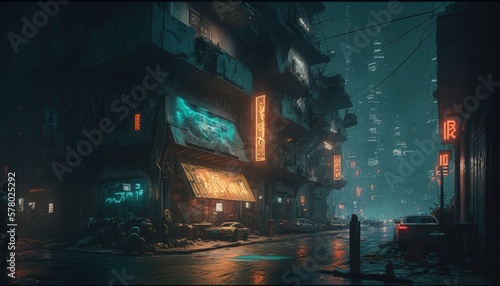 Cyberpunk Night city street in the fog with neon signs. Generative AI