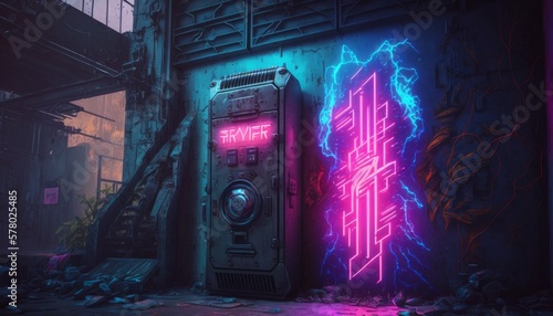 Neon sign in an cyberpunk abandoned factory. Generative AI