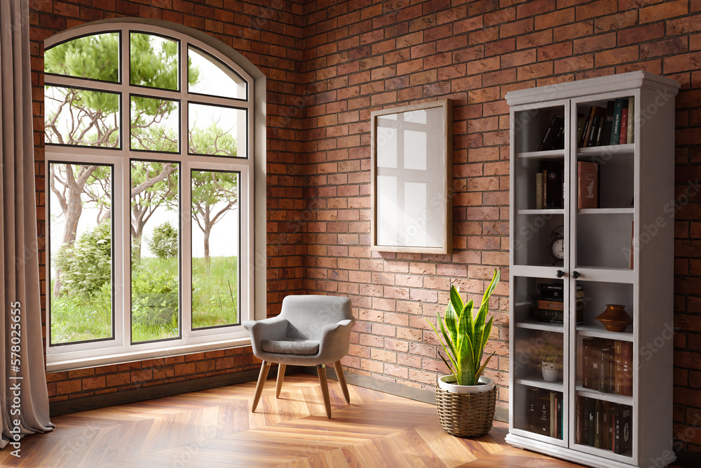 Fototapeta premium cozy living room interior with single chair in a room corner; sunlight shining trough window; canvas with copy space; home decoration concept; 3D Illustration