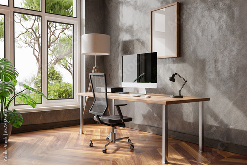 comfortable workplace with pc standing on wooden desk in office at home; bright sunlight shines through large window; wall; with canvas copy space;  remote work freelance concept; 3D Illustration