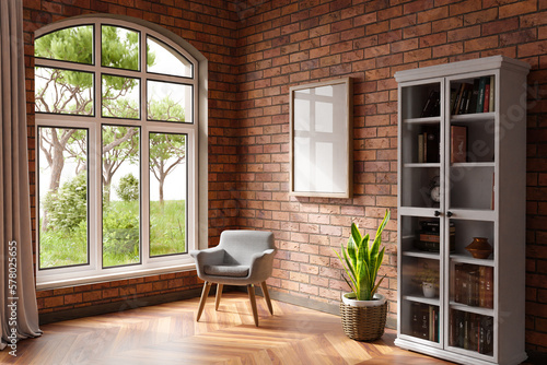 cozy living room interior with single chair in a room corner; sunlight shining trough window; canvas with copy space; home decoration concept; 3D Illustration