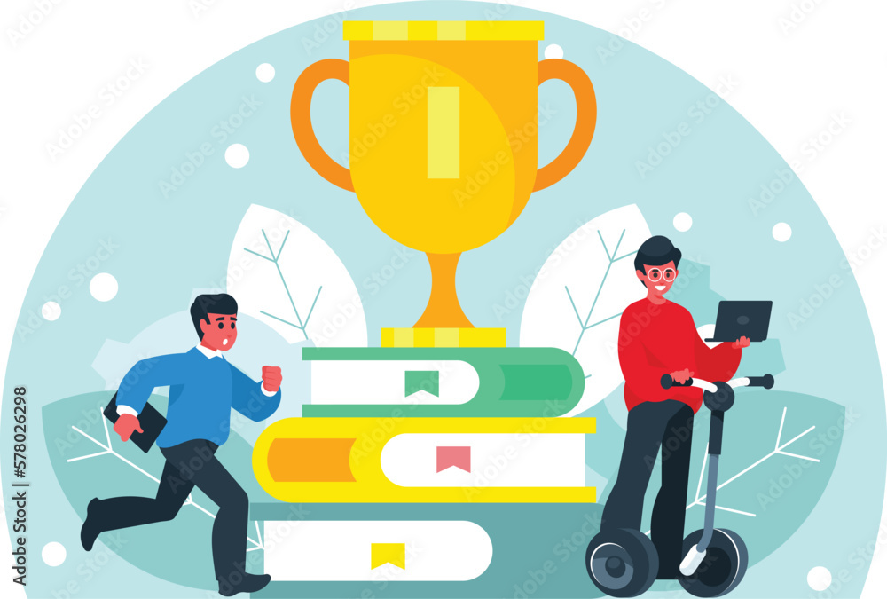 In pursuit of victory. Golden cup, trophy standing on a stack of books. Programmers rush to work, holding laptops. Vector graphics