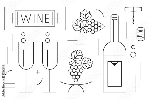 Black thin line WINE bottle, glasses, banner, and grapes icons set on white background poster