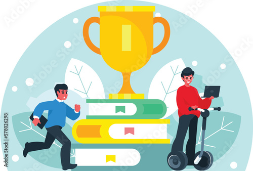 In pursuit of victory. Golden cup, trophy standing on a stack of books. Programmers rush to work, holding laptops. Vector graphics
