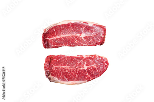 Raw Shoulder Top Blade beef meat steaks on a plate.  Isolated, transparent background