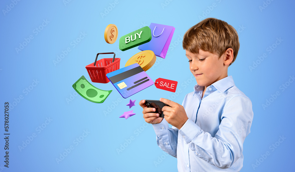 Child boy with phone, online shopping and digital payment Child boy with phone, online shopping and digital payment