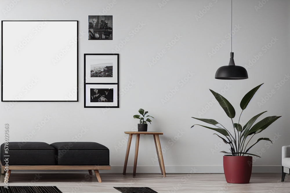Blank poster frame mock up in living room interior background. Ai generated. Blank poster frame mock up in living room interior background. Ai generated.