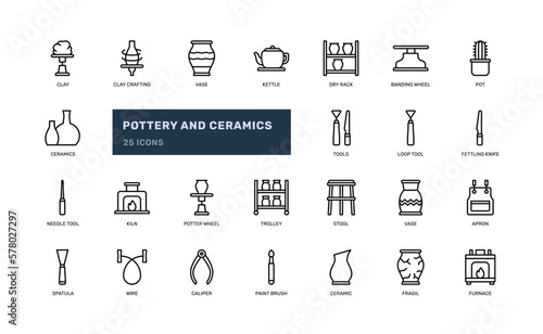 pottery and ceramic handcraft making porcelain handmade art vase pot detailed outline line icon set