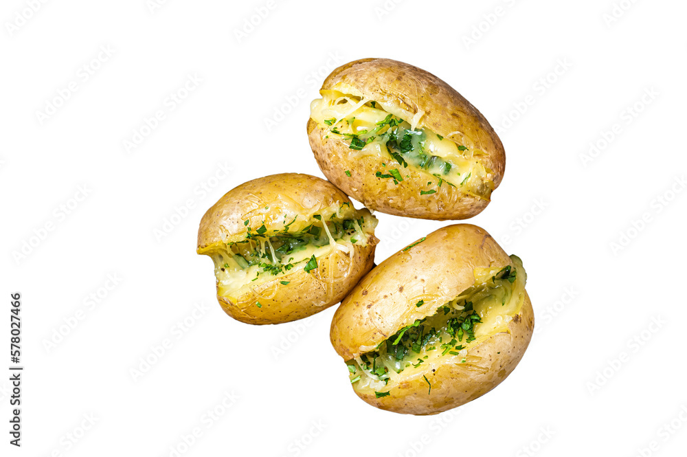Baked Jacket potatoes with cheese, herbs and butter.  Isolated, transparent background