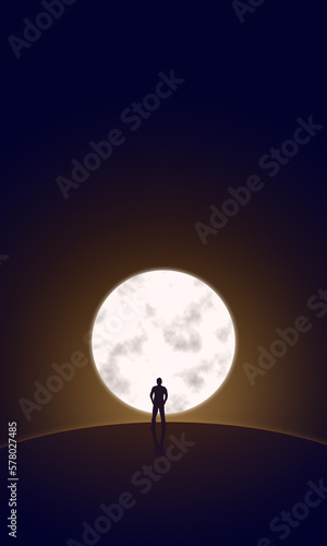 silhouette of a man standing the field during night, facing on a moon