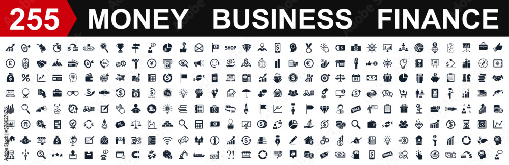 Set of 255 business icons. Money, Business and Finance web icons isolated. Money, contact, bank, check, auction, exchange, payment, wallet, deposit, piggy, calculator, coin and many more - vector - obrazy, fototapety, plakaty 