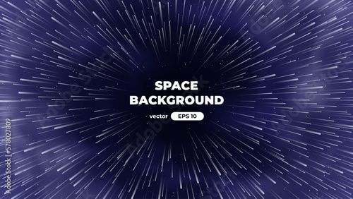 Hyper speed warp jump. Space background with bright shining stars. Star universe. Beautiful nebula. Deep cosmos. Black outer space. Milky way galaxy. Science fiction. Vector illustration eps10.