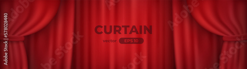 Red curtain background. Open illuminated curtains. Opera or theatrical drapes. Simple cartoon design. Spotlight on stage. Scene with light of projector. Realistic template. Vector illustration eps10