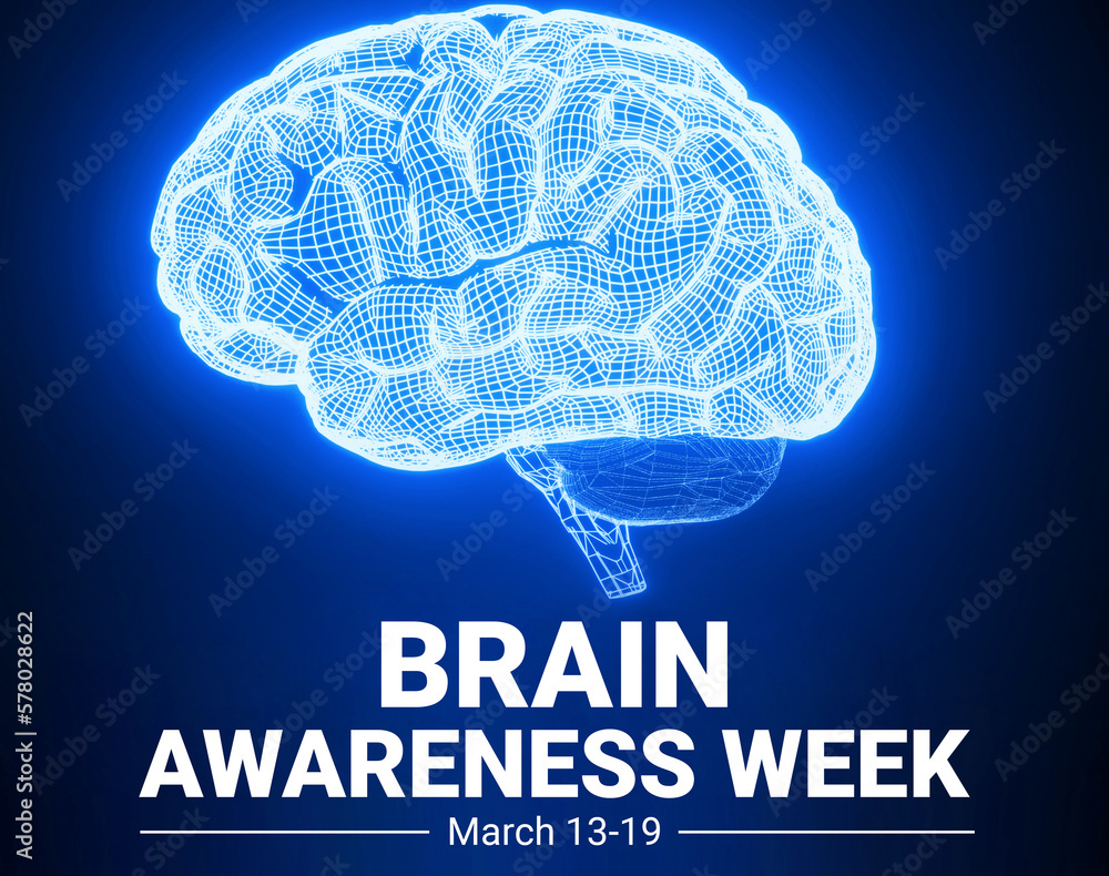 Brain Awareness Week background with glowing neuro network of brain and typography. Brain awareness week in march, backdrop - obrazy, fototapety, plakaty 