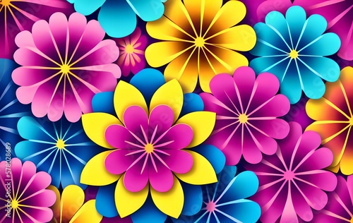 Floral abstract background with imitation of paper cut flowers. Trendy bright paper flowers pattern texture, papercraft, origami. Generative AI.