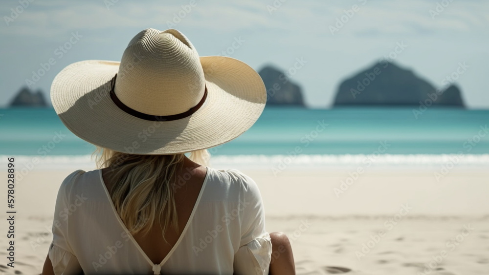 	
Portrait of Woman in summer vacation wearing straw hat and beach dress enjoying the view at the ocean with Generative AI 