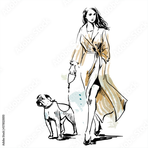 Vector fashion sketch Walking with dog 