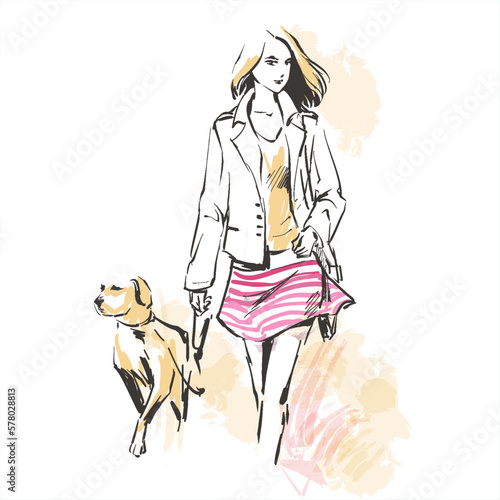 Vector fashion sketch Walking with dog 
