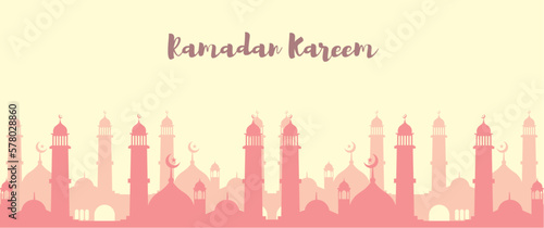 Ramadan kareem banner vector design with mosque silhouette, perfect for banner, background, invitation, social media post, ramadan event banner.