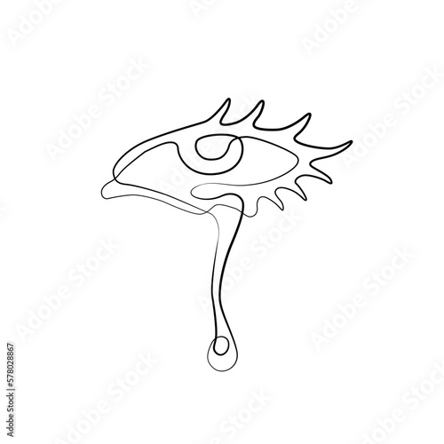 Eye with a tear continuous line drawing, tattoo, print for clothes and logo design, silhouette single line on a white background, isolated vector illustration.