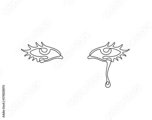 Eyes with a tears continuous line drawing, tattoo, print for clothes and logo design, silhouette single line on a white background, isolated vector illustration.