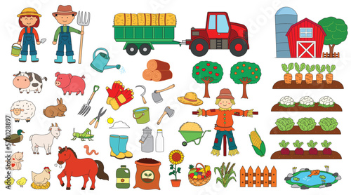 set of color children Vector illustration of Farming supplies and equipment with Farmers, barn, animals, and tractor. Farm concept with plants, fruits, vegetables and other organic products