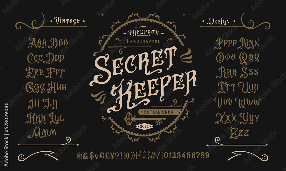 Vector font Secret Keeper. Letters and numbers - obrazy, fototapety, plakaty 